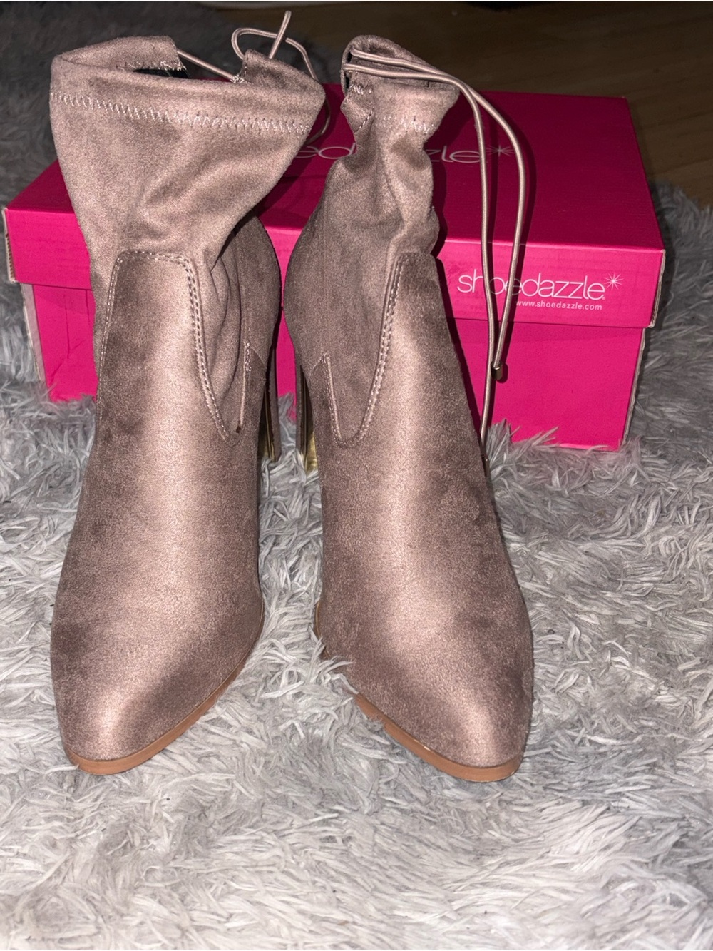 Shoe Dazzle Taupe Drawstring Ankle Booties